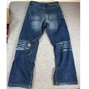 Vtg Akademiks Baggy Straight Jeans Mens 34 Blue Denim Spellout Embroidered Y2K